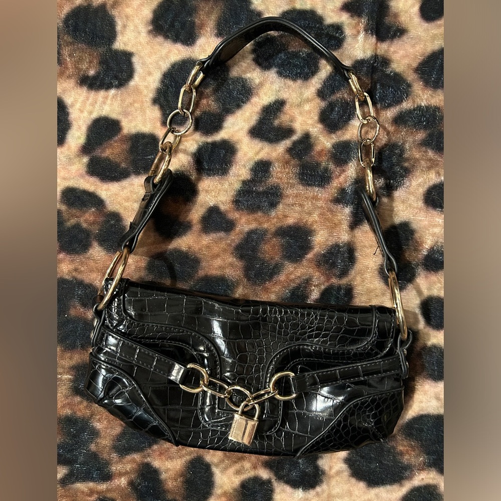 Y2K 90s Black Croc-Embossed Mini Shoulder Bag Padlock Chains Gold